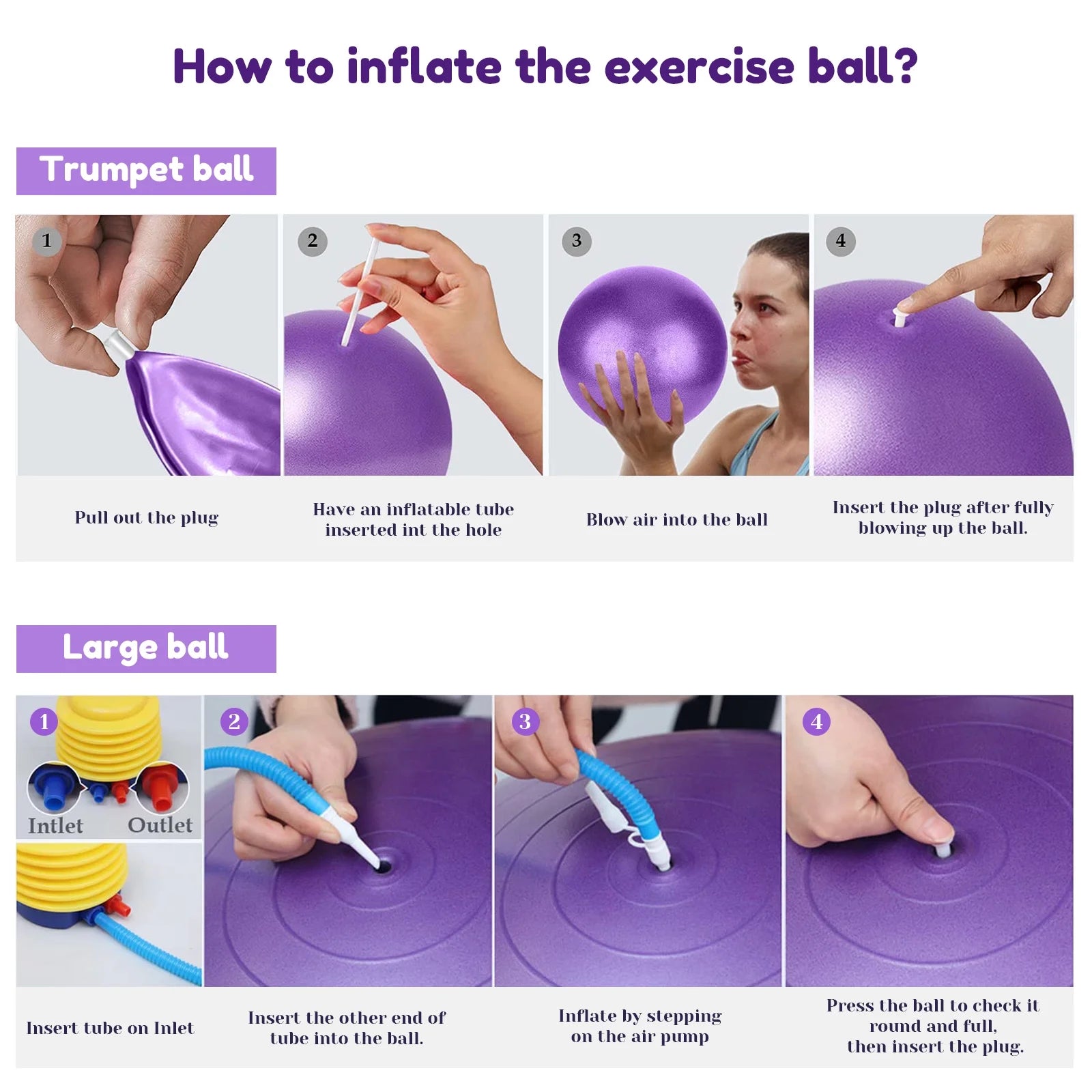 Yoga Ball, 2Pcs anti Burst Exercise Ball for Fitness, Physical Therapy, Thick Heavy Duty Pilates Ball with Pump for Office, Home, Gym, Purple, 2 Sizes, 25.6 Inch & 9 Inch